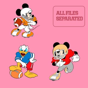 May include: Illustration of Mickey Mouse, Donald Duck, and another Mickey Mouse character in football uniforms. The characters are on a pink background. The text "ALL FILES SEPARATED" is in a pink rectangle.