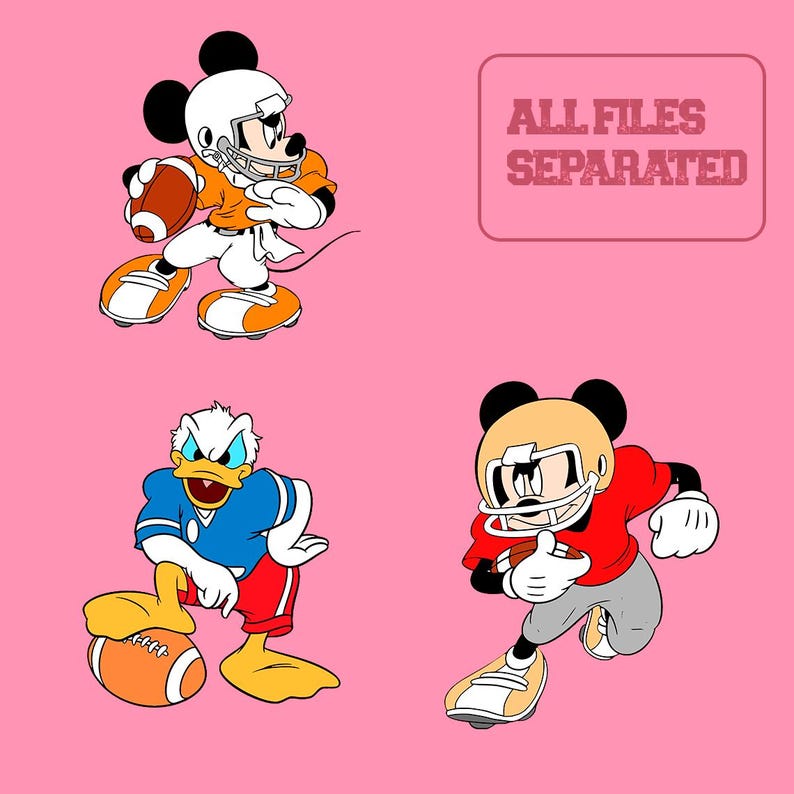 May include: Illustration of Mickey Mouse, Donald Duck, and another Mickey Mouse character in football uniforms. The characters are on a pink background. The text "ALL FILES SEPARATED" is in a pink rectangle.
