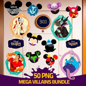 May include: A collection of Disney Villains-themed PNG images, including Cruella, Maleficent, and Ursula, in various styles. The images are arranged on a white background with the text "50 PNG MEGA VILLAINS BUNDLE".