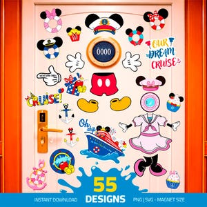 Op de afbeelding: Een verzameling van 55 Disney-thema ontwerpen, waaronder Mickey Mouse oren, cruise schip illustraties en nautische elementen. De ontwerpen hebben levendige kleuren en de tekst "CRUISE!" en "OUR DREAM CRUISE".