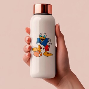 May include: White insulated water bottle with a copper-colored lid. The bottle features a cartoon image of Donald Duck in a football uniform, holding a football. The bottle is cylindrical and appears to be made of stainless steel.