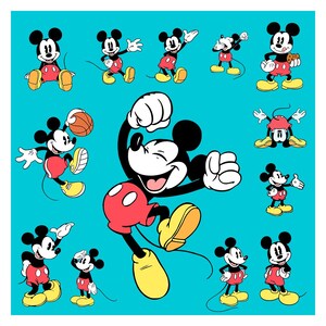 May include: A teal background features multiple illustrations of Mickey Mouse in various poses. Mickey is depicted in his classic outfit: red shorts, yellow shoes, and white gloves. The illustrations showcase Mickey Mouse smiling, playing basketball, and celebrating.