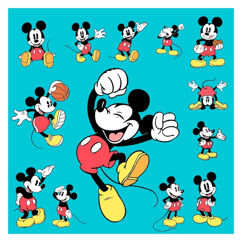 May include: A teal background features multiple illustrations of Mickey Mouse in various poses. Mickey is depicted in his classic outfit: red shorts, yellow shoes, and white gloves. The illustrations showcase Mickey Mouse smiling, playing basketball, and celebrating.