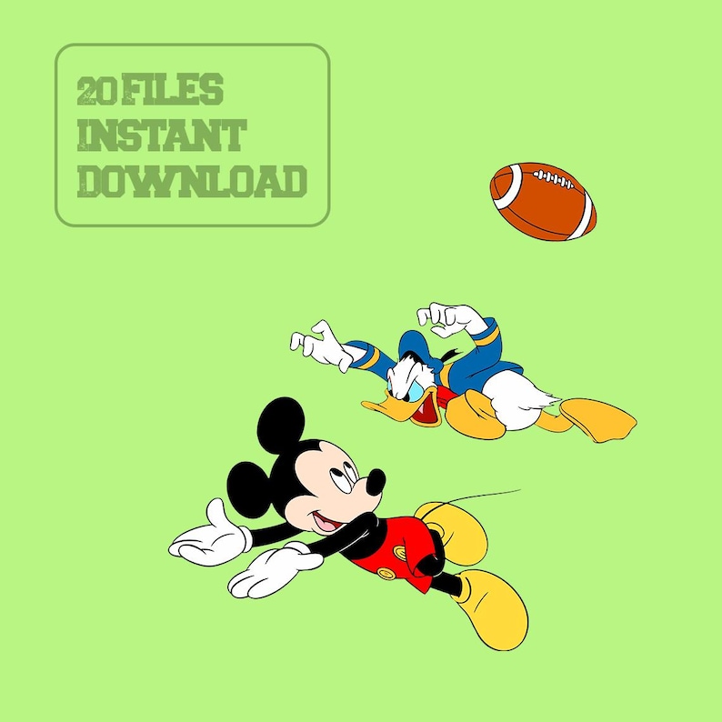 May include: Illustration of Mickey Mouse and Donald Duck playing football on a light green background. Mickey Mouse is wearing red shorts and a yellow shirt. Donald Duck is wearing a blue jacket. A brown football is in the air. Text reads: 20 FILES INSTANT DOWNLOAD.