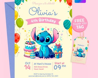 Modello di invito di compleanno Stitch, Canva Evite modificabile (download digitale)