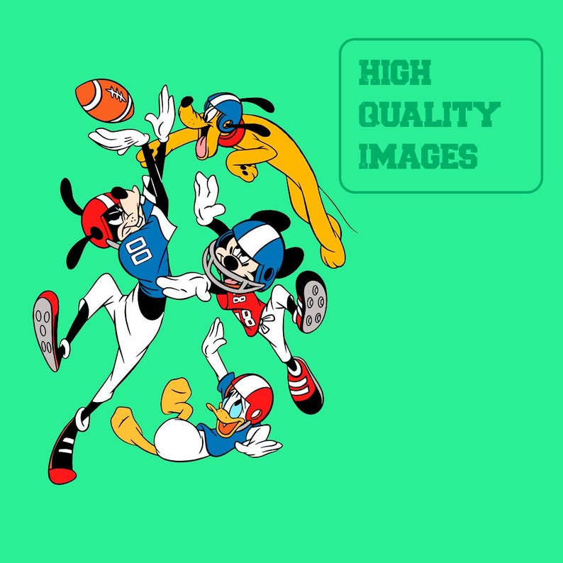 May include: Cartoon illustration of Mickey Mouse, Goofy, and Donald Duck playing football. Mickey Mouse and Goofy are wearing blue and red helmets and uniforms. Donald Duck is wearing a blue and red helmet and uniform. The text "HIGH QUALITY IMAGES" is in a green box.