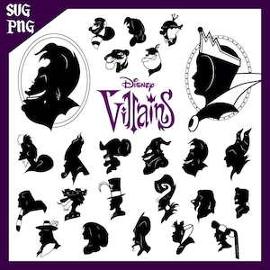 May include: A collection of black silhouette images of Disney villains, including Cruella de Vil, Maleficent, and the Evil Queen. The word "Disney Villains" is written in purple script. The image is on a purple background.