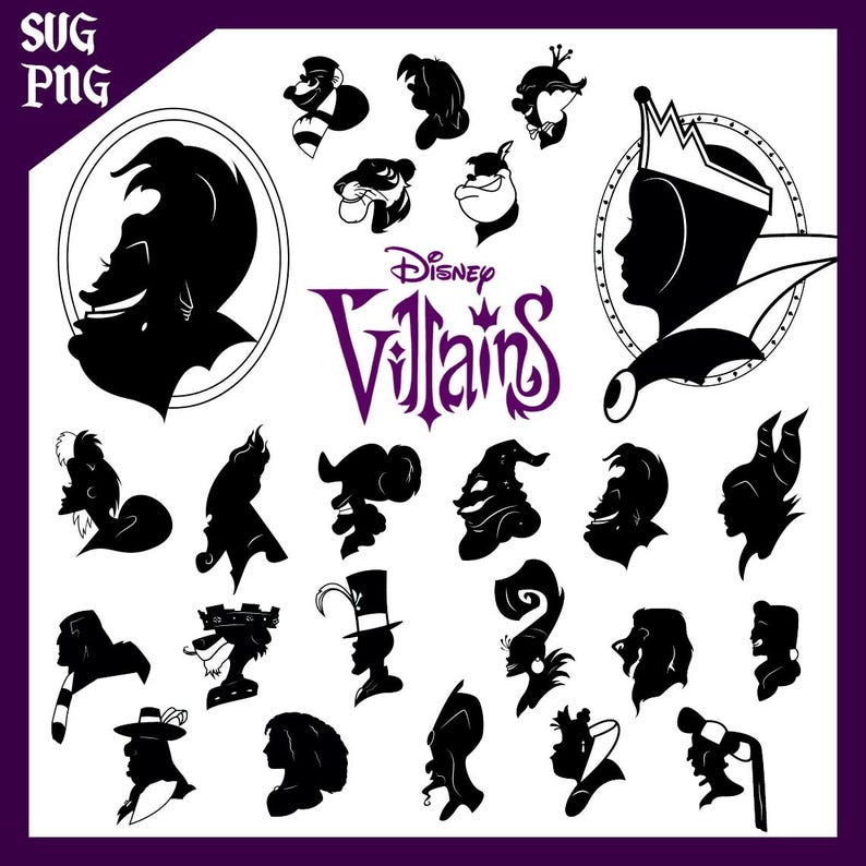 May include: A collection of black silhouette images of Disney villains, including Cruella de Vil, Maleficent, and the Evil Queen. The word "Disney Villains" is written in purple script. The image is on a purple background.