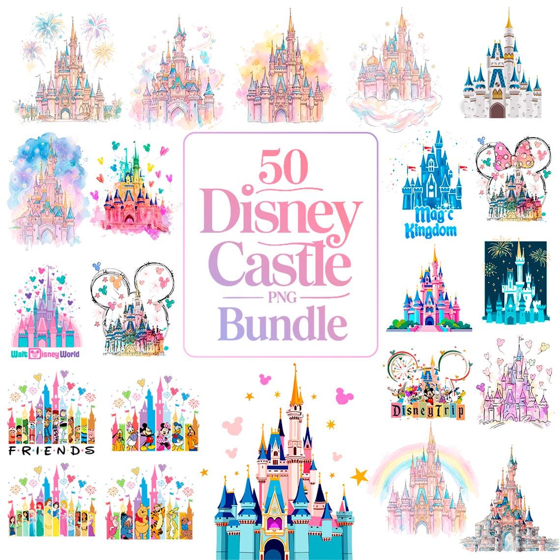 50 Watercolor Castle PNG Clipart Bundle | Fantasy Fairytale Castles for ...