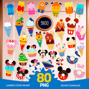 Op de afbeelding: Een verzameling kleurrijke magneten met ijsjes, ijslolly's en Mickey en Minnie Mouse-ontwerpen. De magneten hebben verschillende vormen en maten, met levendige kleuren en speelse details. De tekst "80 PNG" en "Summer Cruise Magnet" is inbegrepen.