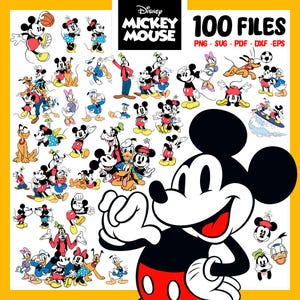 May include: A collection of 100 Disney Mickey Mouse files in PNG, SVG, PDF, DXF, and EPS formats. The image features various illustrations of Mickey Mouse and his friends, including Donald Duck, Goofy, and Minnie Mouse, in a variety of poses.