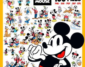 ミッキーマウス SVG バンドル | 110 種類のクラシックディズニーキャラクター | ミッキーと仲間たちの SVG PNG EPS DXF Pdf | Cricut シャツ、ステッカー、クラフトファイル