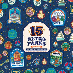 May include: A digital graphic featuring 15 retro-style park icons on a dark blue background with stars. The central white label reads 15 RETRO PARKS ICON BUNDLE SVG PNG DXF EPS PDF JPG. Icons include Magic Kingdom, Epcot, and Animal Kingdom.
