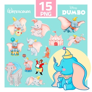 May include: A collection of 15 PNG watercolor illustrations featuring Dumbo the elephant from Disney. The images include Dumbo in various poses, a circus tent, and other circus-themed elements, all set against a light blue background.
