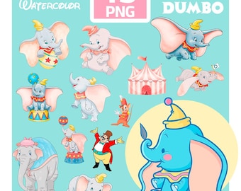 Dombo aquarel clipartbundel | 15 pastelkleurige babyolifant png-bestanden (digitale download)