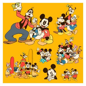 May include: A vibrant yellow background features multiple cartoon illustrations of Mickey Mouse, Minnie Mouse, Donald Duck, Goofy, and Pluto. The characters are in various poses, with bright colors and classic designs.