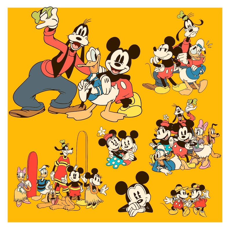 May include: A vibrant yellow background features multiple cartoon illustrations of Mickey Mouse, Minnie Mouse, Donald Duck, Goofy, and Pluto. The characters are in various poses, with bright colors and classic designs.