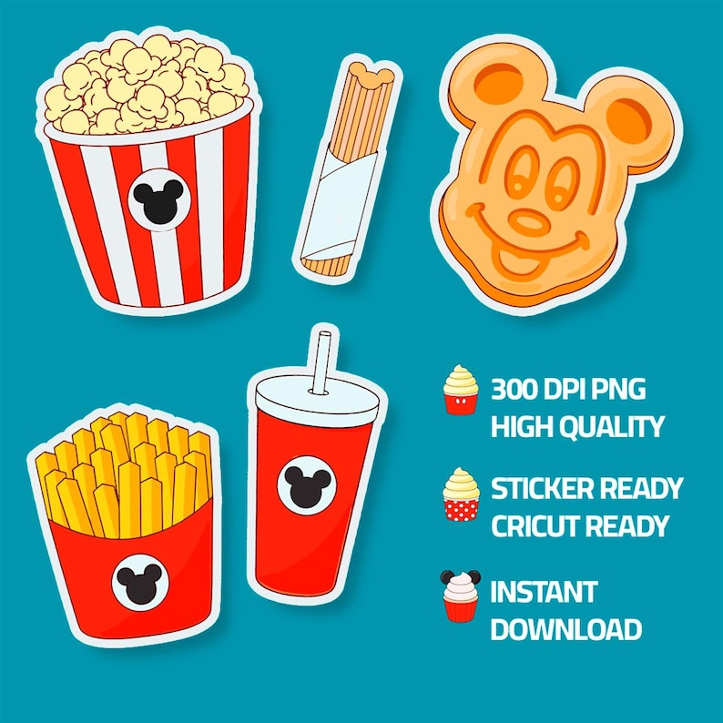 May include: A collection of colorful stickers featuring theme park food and drink items. Includes a popcorn bucket, churro, Mickey Mouse-shaped waffle, french fries, and a soda cup. The stickers are on a teal background with text that reads "300 DPI PNG HIGH QUALITY".