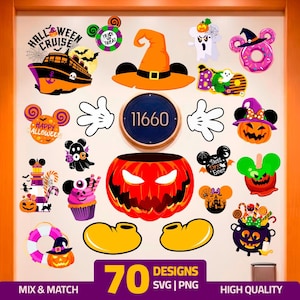 Puede incluir: Una colección de gráficos digitales con temática de Halloween que incluye un crucero, sombrero de bruja, fantasma, calabaza e iconos de orejas de ratón. Los diseños incluyen textos como HALLOWEEN CRUISE, TRICK OR TREAT, HAPPY HALLOWEEN, BOO y 11660. El set incluye 70 diseños en formatos SVG y PNG.