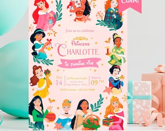 Modello di invito di compleanno da principessa, invito modificabile su Canva, invito per festa a tema fiabesco, invito di compleanno per bambine in formato digitale, download immediato.