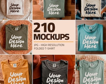 Comfort Colors 1717 Tシャツ モックアップ バンドル | 210枚の折りたたみフラットレイ モックアップ | CC1717 実写 JPEG | ミニマルシャツ モックアップ