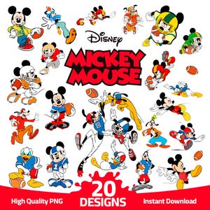May include: A collection of 20 cartoon designs featuring Mickey Mouse and friends playing American football. The characters are depicted in various poses, wearing football uniforms and holding footballs. The image includes the Disney and Mickey Mouse logos.