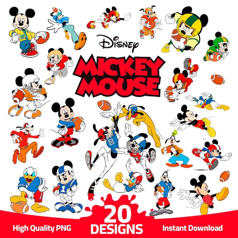 May include: A collection of 20 cartoon designs featuring Mickey Mouse and friends playing American football. The characters are depicted in various poses, wearing football uniforms and holding footballs. The image includes the Disney and Mickey Mouse logos.