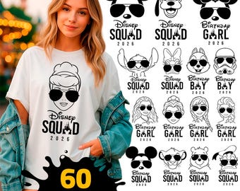 ディズニー・スクワッド＆バースデーSVGバンドル2026 | ファミリーディズニー旅行シャツ | バースデーガールボーイ | PNG SVG Cricutカットファイル
