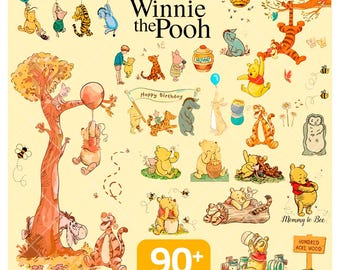 クラシックなくまのプーさんクリップアートバンドル | 90枚のヴィンテージPNG | DIYベビーシャワー、保育園の装飾、スクラップブッキング、誕生日招待状の透明PNG