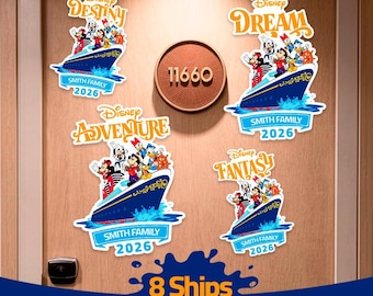 ディズニーファミリークルーズのパーソナライズされたドアマグネット、Canvaで編集可能、船8隻入り、デジタルダウンロード