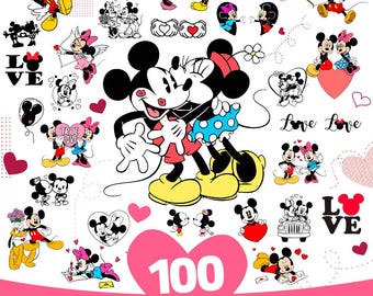 ミッキーとミニーのバレンタイン SVG バンドル | 100 個のクリップアート (デジタル ダウンロード)
