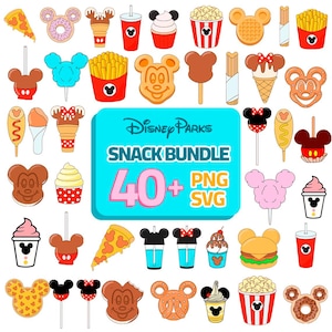 Disney Snacks Clipart Bundle SVG PNG | 40+ söta Disney-matikoner | Musse & Mimmi Park-godis | Cricut-klistermärke nedladdning