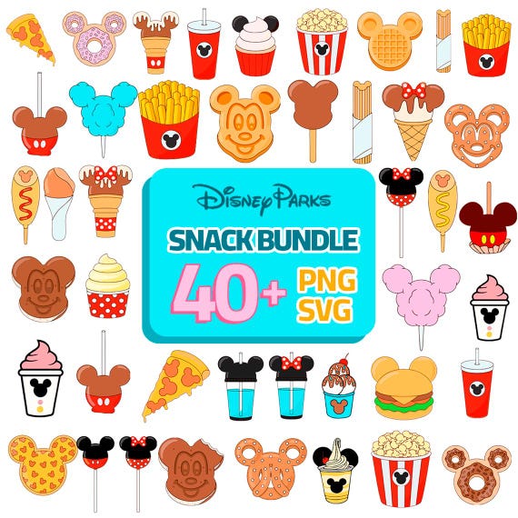 Disney Snacks Clipart Bundle SVG PNG | 40+ Cute Disney Food Icons | Mickey & Minnie Park Treats | Cricut Sticker Download