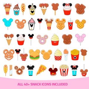 May include: A collection of colorful snack icons, including ice cream cones, cupcakes, waffles, and popcorn, with a cartoon theme. The image includes the text "ALL 40+ SNACK ICONS INCLUDED".