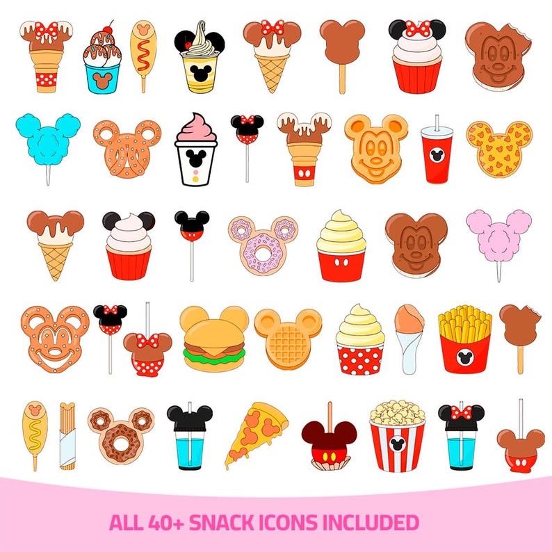 May include: A collection of colorful snack icons, including ice cream cones, cupcakes, waffles, and popcorn, with a cartoon theme. The image includes the text "ALL 40+ SNACK ICONS INCLUDED".