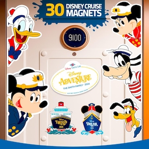 ディズニー・クルーズ・ラインのドア用マグネットセット、サイドキャラクター、家族の名前入りマグネット、30個のPNGデジタルファイル