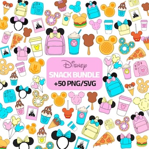 Puede incluir: Una colección de ilustraciones coloridas con temática de Disney, que incluye mochilas, gofres con forma de Mickey Mouse, conos de helado, donuts y bebidas. La imagen presenta el texto "Disney Snack Bundle +50 PNG/SVG" en un rectángulo rosa.