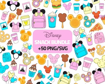 ディズニー スナックアイコン PNG バンドル – 昇華転写、ステッカー、クリカット、プランナー用のかわいいミッキー＆ミニーのパステルクリップアート 50 点以上