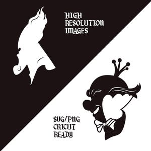 May include: Black and white graphic design featuring two stylized illustrations. One is a white silhouette of a flame-like shape, and the other is a black silhouette of a clown's face with a bow tie. Text reads "HIGH RESOLUTION IMAGES" and "SVG/PNG CRICUT READY."