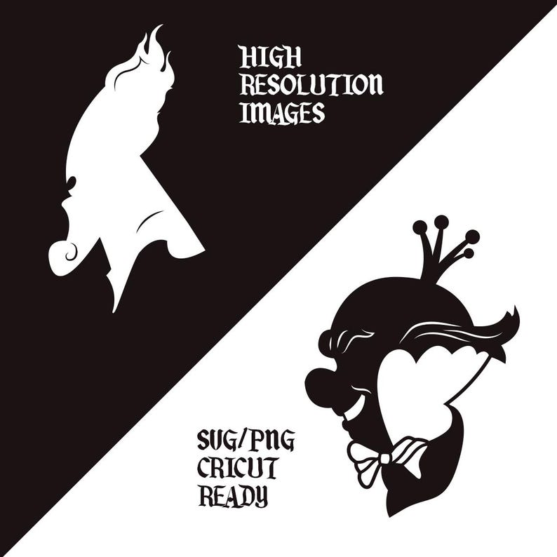 May include: Black and white graphic design featuring two stylized illustrations. One is a white silhouette of a flame-like shape, and the other is a black silhouette of a clown's face with a bow tie. Text reads "HIGH RESOLUTION IMAGES" and "SVG/PNG CRICUT READY."