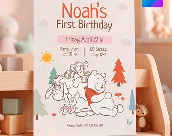 くまのプーさん ベビーシャワー招待状、ハンドレッド・エーカー・ウッド（編集可能なCanvaテンプレート、デジタルダウンロード）