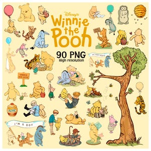 May include: A collection of Winnie the Pooh illustrations, including Pooh Bear, Piglet, Tigger, Eeyore, and other characters. The image includes the text "Disney's Winnie the Pooh" and "90 PNG High resolution". The background is a light yellow color.