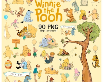 クラシックなくまのプーさんクリップアートバンドル | 90枚のヴィンテージPNG | DIYベビーシャワー、保育園の装飾、スクラップブッキング、誕生日招待状の透明PNG