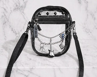 Bolso bandolera transparente con adornos de guitarra y música, aprobado por los estadios de punk rock.