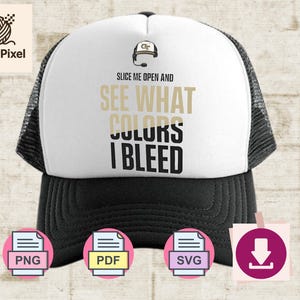 May include: Black and white trucker hat with the text "SLICE ME OPEN AND SEE WHAT COLOURS I BLEED". The hat has a white front panel and a black brim and mesh back. A logo of a headset is above the text.