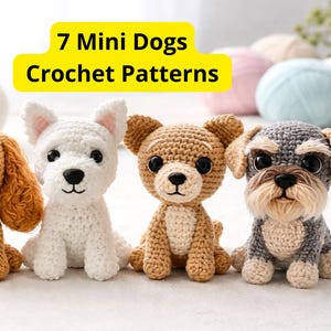 Patrón de mini perro de crochet en PDF: 7 perros amigurumi (chihuahua, cocker spaniel, westie, pinscher, schnauzer, pug, labrador, patrón de cachorro, TÉRMINOS DE EE. UU.)