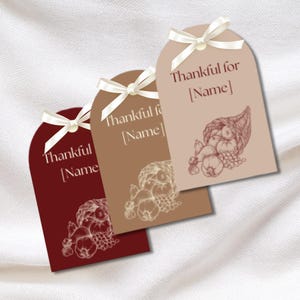 May include: Three gift tags in shades of red, brown, and tan, each with a white ribbon and pearl. The tags read "Thankful for [Name]" and feature a cornucopia illustration. Suitable for Thanksgiving or autumn-themed presents.