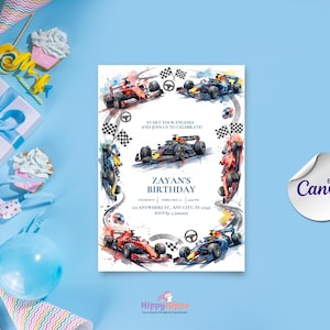 Peut inclure: Une invitation d'anniversaire avec des illustrations à l'aquarelle de voitures de course sur une piste. L'invitation comprend le texte "Start your engines and join us to celebrate !" et "Zayan's Birthday". Le design est entouré d'éléments de course.