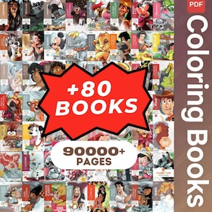 May include: A collection of over 80 coloring books featuring various Disney characters. The image includes the text "+80 BOOKS" in a red burst shape, and "90000+ PAGES" below. The words "Coloring Books" are written vertically on the right side.
