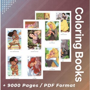 May include: A collection of coloring book pages featuring various cartoon characters. The pages are arranged on a gradient background with the words "Coloring Books" and "+ 9000 Pages / PDF Format" visible.